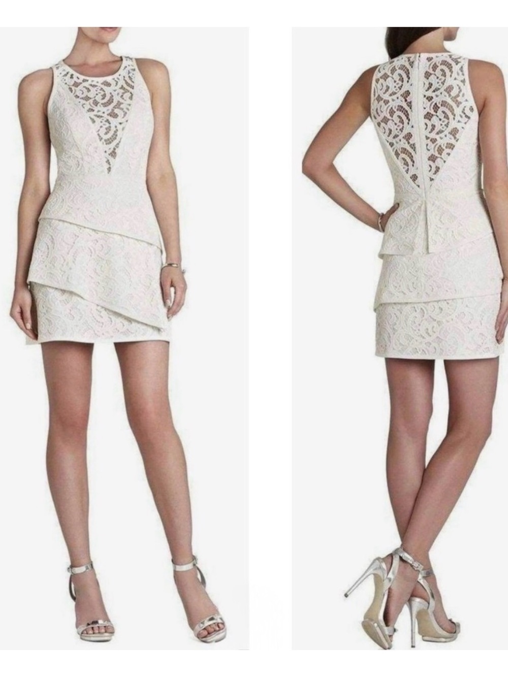 BCBGMaxAzria Ivory Lace Tiered Peplum Mini Dress